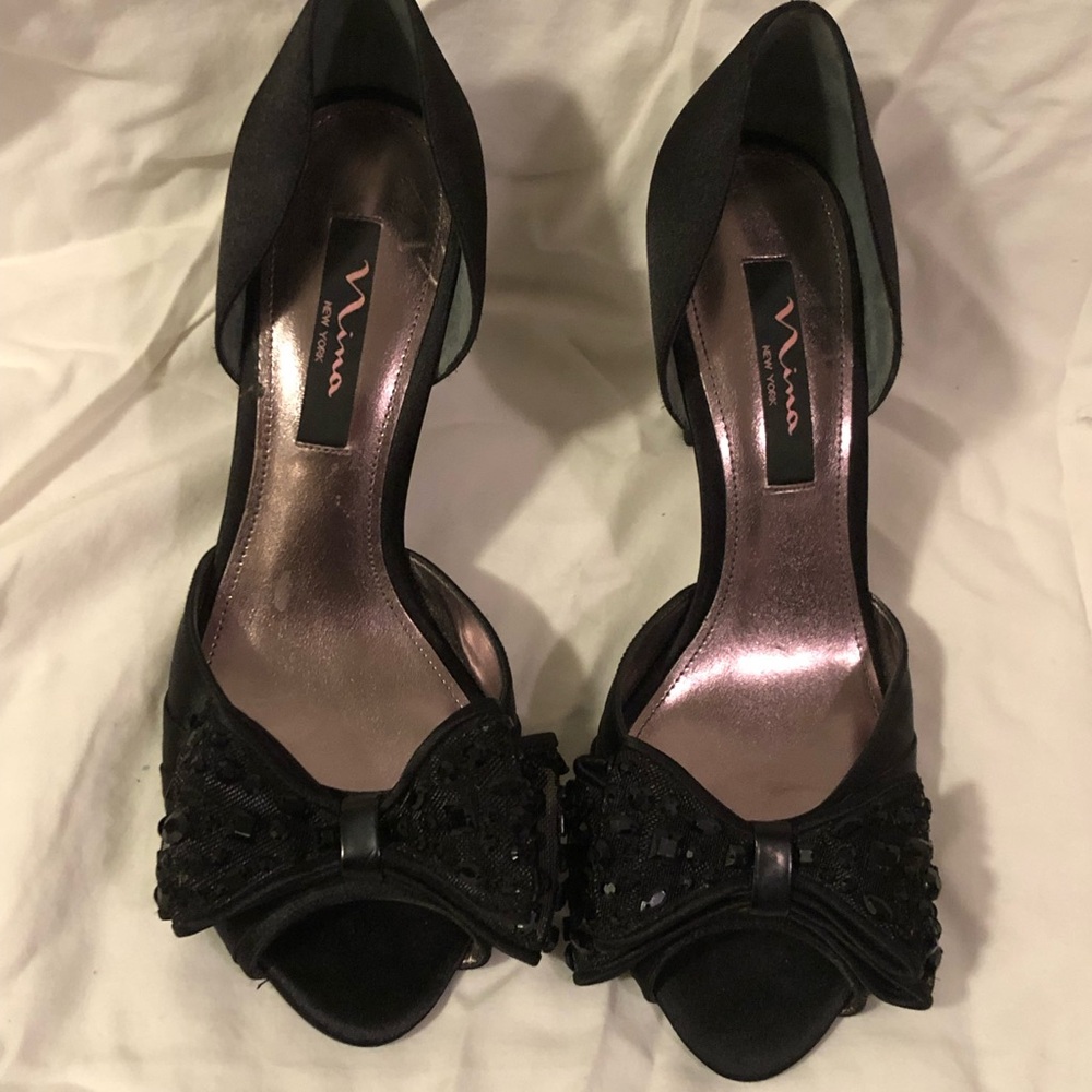 Nina Black Suede Heels with Bow Detail